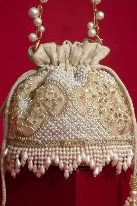 Buy_Amyra_Beige Pearls, Embroidery, Tassels, Beads Sehra Mini Potli - 