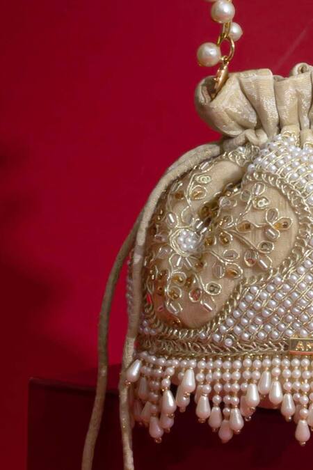 Shop_Amyra_Beige Pearls, Embroidery, Tassels, Beads Sehra Mini Potli - 