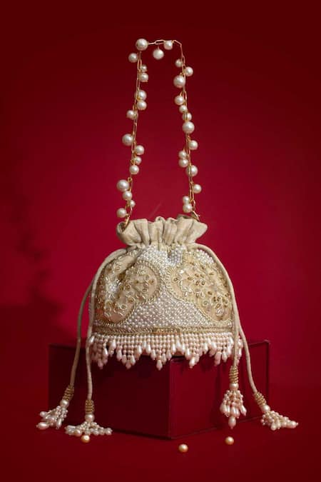 Amyra Sehra Pearl Embroidered Mini Potli - Beige 