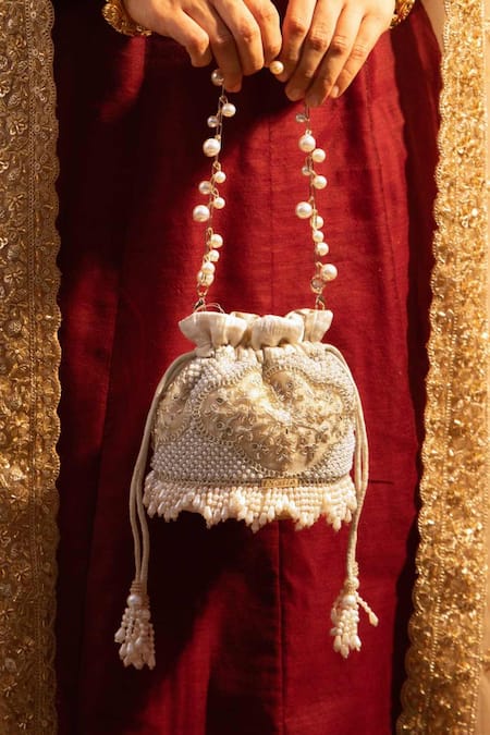 Amyra Beige Pearls, Embroidery, Tassels, Beads Sehra Mini Potli - 