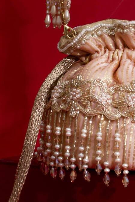 Amyra_Pink Beads, Cut Work, Embroidery, Pearls, Vivaah Embellished Mini Potli - _at_Aza_Fashions