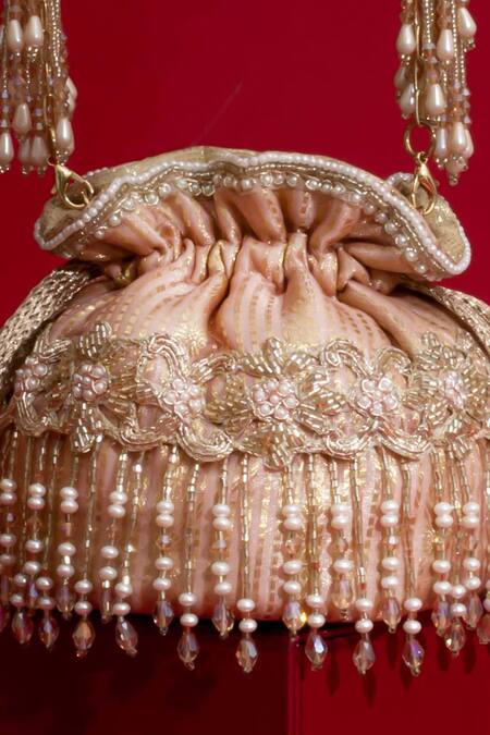 Shop_Amyra_Pink Beads, Cut Work, Embroidery, Pearls, Vivaah Embellished Mini Potli - 