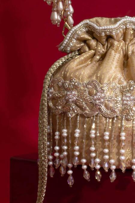 Buy_Amyra_Beige Beads, Embroidery, Pearls, Tassels, Vivaah Embellished Mini Potli - _Online_at_Aza_Fashions