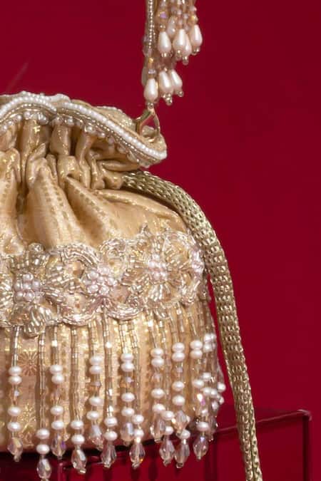 Amyra_Beige Beads, Embroidery, Pearls, Tassels, Vivaah Embellished Mini Potli - _at_Aza_Fashions