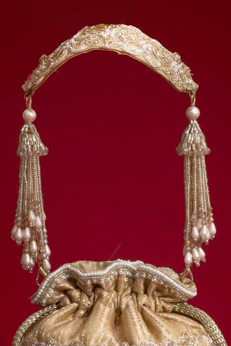 Buy_Amyra_Beige Beads, Embroidery, Pearls, Tassels, Vivaah Embellished Mini Potli - 