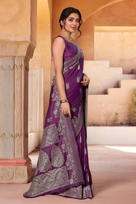 Buy_Naintara Bajaj_Purple Zari Sweetheart Neck Flower Woven Saree With Sleeveless Blouse _Online_at_Aza_Fashions
