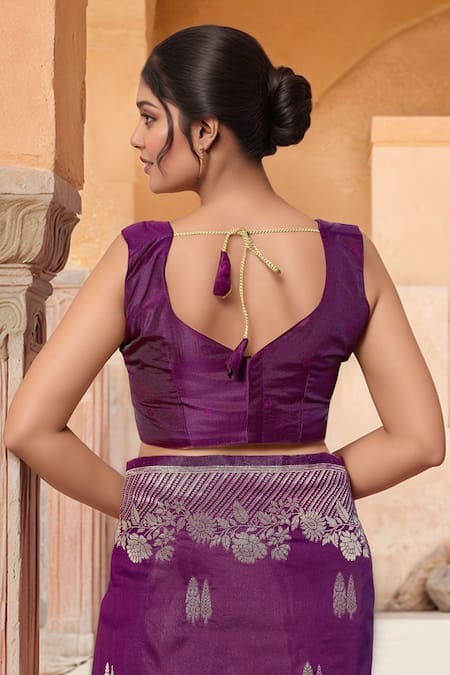 Shop_Naintara Bajaj_Purple Zari Sweetheart Neck Flower Woven Saree With Sleeveless Blouse _Online_at_Aza_Fashions