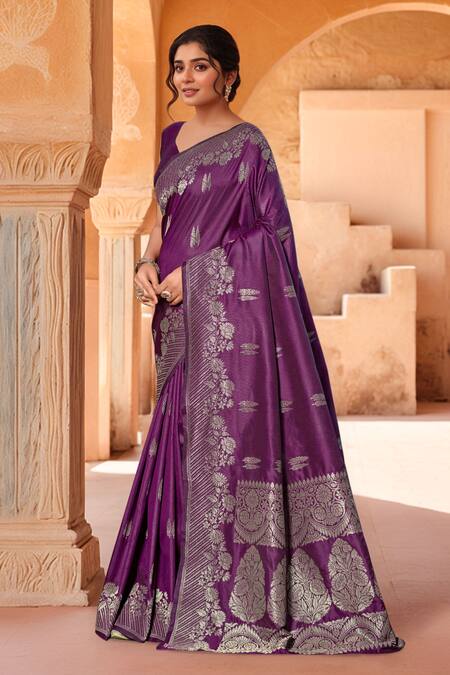 Naintara Bajaj_Purple Zari Sweetheart Neck Flower Woven Saree With Sleeveless Blouse _at_Aza_Fashions