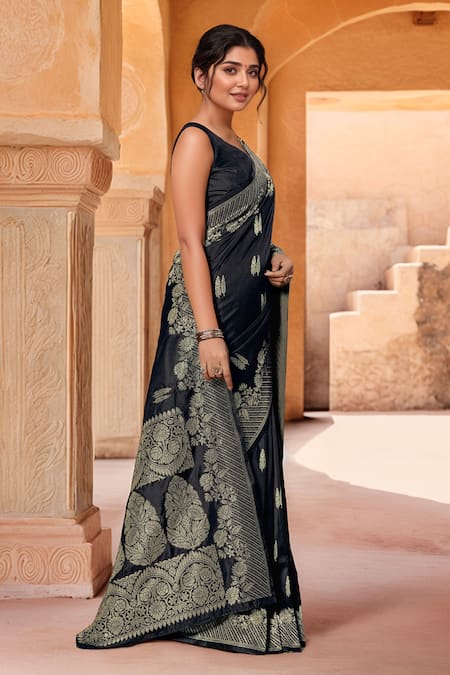 Shop Naintara Bajaj Black Silk, Brocade Zari Sweetheart Neck Flower Woven Saree With Blouse Online at Aza Fashions Shop_Naintara Bajaj_Black Silk, Brocade Zari Sweetheart Neck Flower Woven Saree With Blouse _Online_at_Aza_Fashions