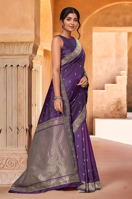 Naintara Bajaj_Purple Brocade, Silk Zari Boat Neck Floret Woven Saree With Sleeveless Blouse _at_Aza_Fashions