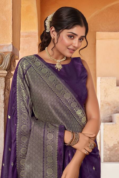 Buy_Naintara Bajaj_Purple Brocade, Silk Zari Boat Neck Floret Woven Saree With Sleeveless Blouse 