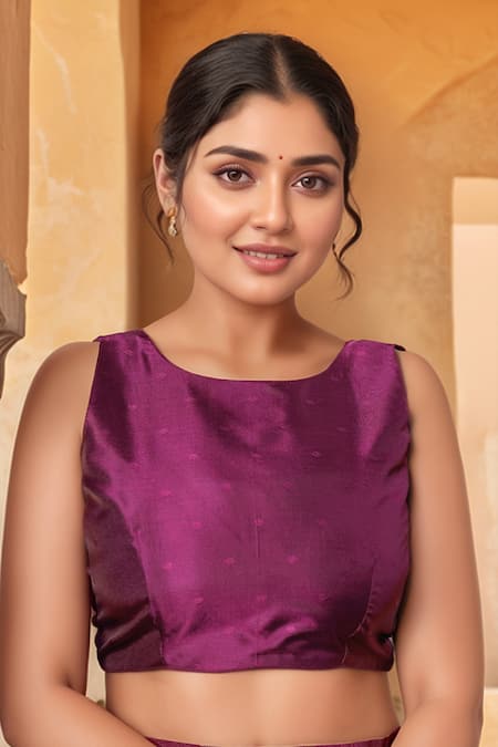 Shop_Naintara Bajaj_Purple Brocade, Silk Zari Boat Neck Flora Woven Saree With Sleeveless Blouse _Online_at_Aza_Fashions