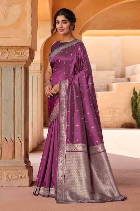 Naintara Bajaj_Purple Brocade, Silk Zari Boat Neck Flora Woven Saree With Sleeveless Blouse _at_Aza_Fashions