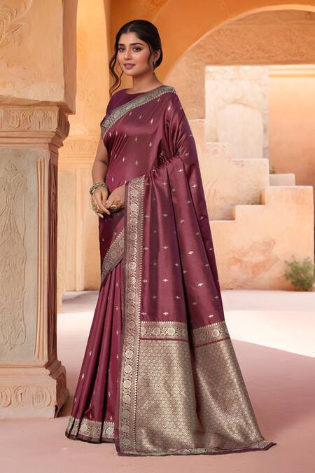 Naintara Bajaj_Maroon Brocade, Silk Zari Boat Neck Flora Woven Saree With Blouse _Online_at_Aza_Fashions