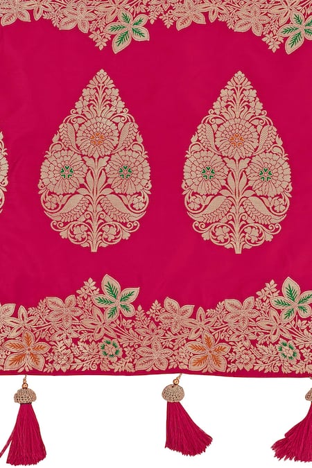 Buy_Samyukta Singhania_Pink Brocade, Silk Zari, Tassels Boat Neck Bloom Woven Saree With Blouse _Online_at_Aza_Fashions