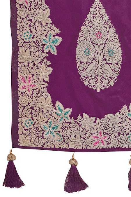 Samyukta Singhania_Purple Brocade, Silk Zari, Tassels V-neck Flora Pattern Saree With Blouse _at_Aza_Fashions