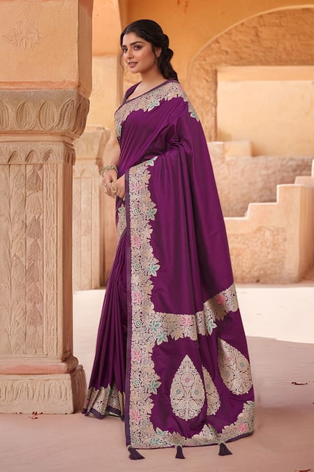 Shop_Samyukta Singhania_Purple Brocade, Silk Zari, Tassels V-neck Flora Pattern Saree With Blouse 