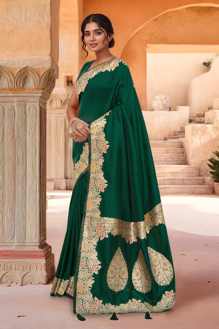 Buy_Samyukta Singhania_Green Brocade, Silk Zari, Tassels Flora Pattern Saree With Sleeveless Blouse _Online_at_Aza_Fashions