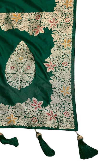 Shop_Samyukta Singhania_Green Brocade, Silk Zari, Tassels Flora Pattern Saree With Sleeveless Blouse _Online_at_Aza_Fashions