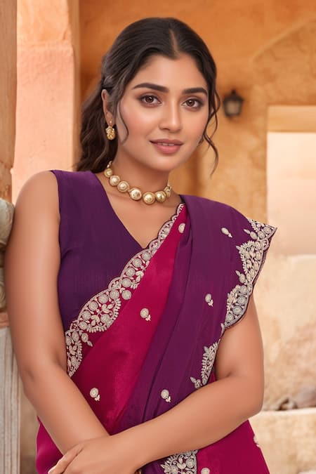 Shop Samyukta Singhania Red Chiffon Embroidery, Zari V-neck Flora Saree With Blouse Online at Aza Fashions Shop_Samyukta Singhania_Red Chiffon Embroidery, Zari V-neck Flora Saree With Blouse _Online_at_Aza_Fashions