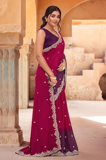 Samyukta Singhania Red Chiffon Embroidery, Zari V-neck Flora Saree With Blouse at Aza Fashions Samyukta Singhania_Red Chiffon Embroidery, Zari V-neck Flora Saree With Blouse _at_Aza_Fashions