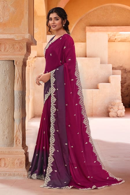 Buy Samyukta Singhania Red Chiffon Embroidery, Zari V-neck Flora Saree With Blouse Buy_Samyukta Singhania_Red Chiffon Embroidery, Zari V-neck Flora Saree With Blouse