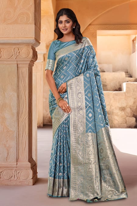 Naintara Bajaj Blue Brocade, Silk Zari Boat Neck Floret Woven Saree With Blouse