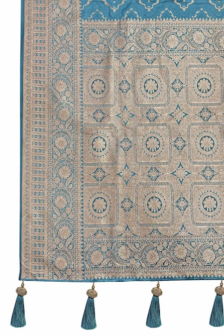 Naintara Bajaj Blue Brocade, Silk Zari Boat Neck Floret Woven Saree With Blouse at Aza Fashions Naintara Bajaj_Blue Brocade, Silk Zari Boat Neck Floret Woven Saree With Blouse _at_Aza_Fashions