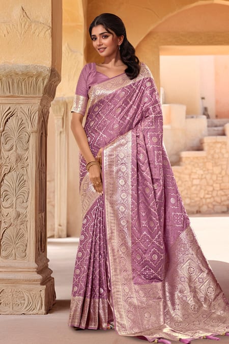 Naintara Bajaj Pink Brocade, Silk Zari Sweetheart Neck, Square Bloom Woven Saree With Blouse