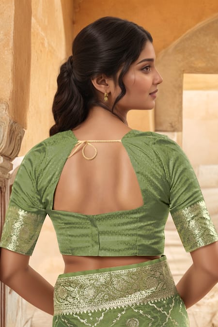 Naintara Bajaj Green Silk, Brocade Zari Square Neck Blossom Woven Saree With Blouse Online at Aza Fashions Naintara Bajaj_Green Silk, Brocade Zari Square Neck Blossom Woven Saree With Blouse _Online_at_Aza_Fashions