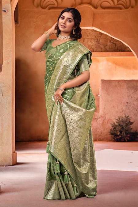 Naintara Bajaj Green Silk, Brocade Zari Square Neck Blossom Woven Saree With Blouse