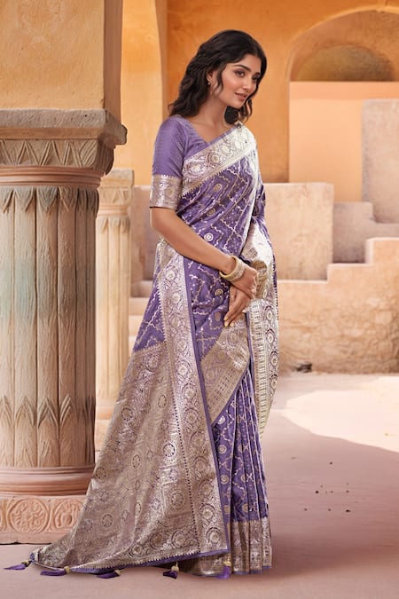 Naintara Bajaj Purple Brocade, Silk Zari, Embroidery Square Blossom Pattern Saree With Blouse