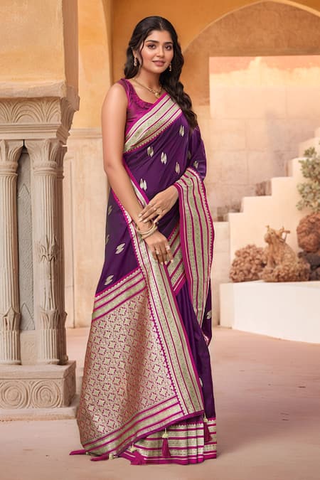 Naintara Bajaj_Purple Brocade, Silk Zari, Tassels Square Woven Saree With Sleeveless Blouse _Online_at_Aza_Fashions