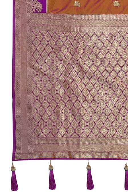 Naintara Bajaj_Brown Brocade, Silk Zari, Tassels V-neck Peacock Woven Saree With Blouse _Online_at_Aza_Fashions