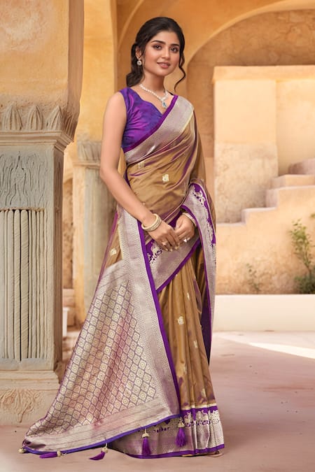 Buy_Naintara Bajaj_Brown Brocade, Silk Zari, Tassels V-neck Peacock Woven Saree With Blouse _Online_at_Aza_Fashions