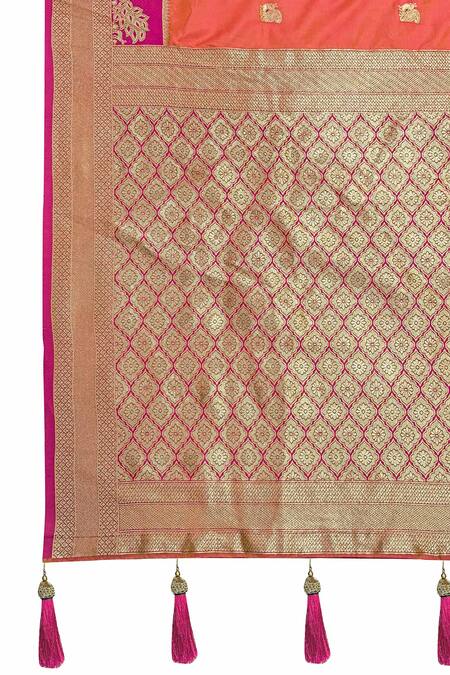 Naintara Bajaj_Orange Silk, Brocade Zari, Tassels Peacock Woven Saree With Sleeveless Blouse_at_Aza_Fashions