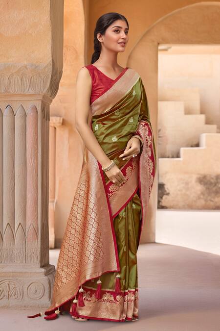Buy_Naintara Bajaj_Olive Green Brocade, Silk Zari, Peacock Pattern Saree With Sleeveless Blouse_Online_at_Aza_Fashions