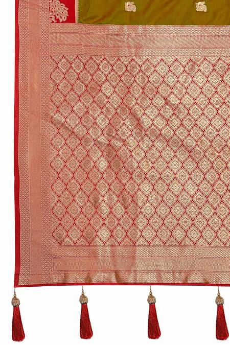 Naintara Bajaj_Olive Green Brocade, Silk Zari, Peacock Pattern Saree With Sleeveless Blouse_at_Aza_Fashions