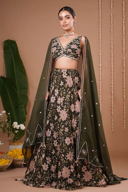 Ahi Clothing Olive Green Organza Embroidery, Mirrors, Sequins Floral Pattern Lehenga Set 