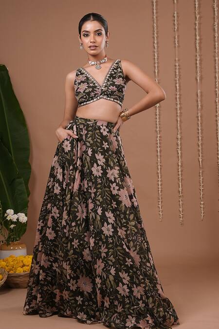 Ahi Clothing_Olive Green Organza Embroidery, Mirrors, Sequins Floral Pattern Lehenga Set _Online_at_Aza_Fashions