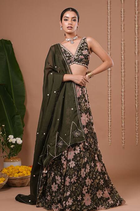 Buy_Ahi Clothing_Olive Green Organza Embroidery, Mirrors, Sequins Floral Pattern Lehenga Set _Online_at_Aza_Fashions
