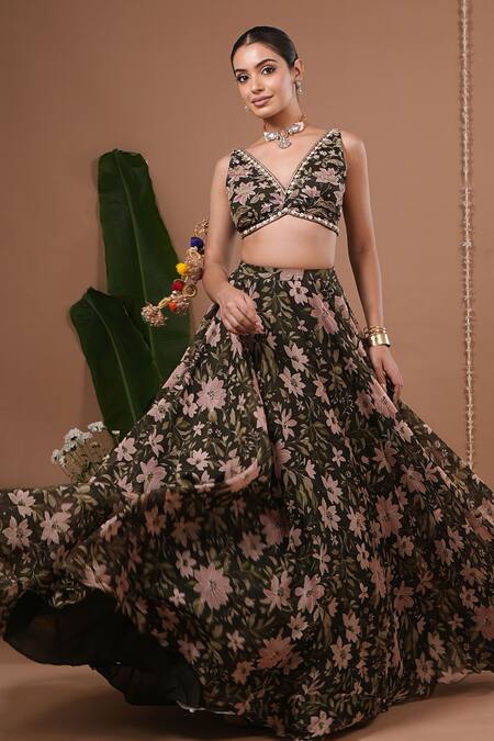 Shop_Ahi Clothing_Olive Green Organza Embroidery, Mirrors, Sequins Floral Pattern Lehenga Set _Online_at_Aza_Fashions