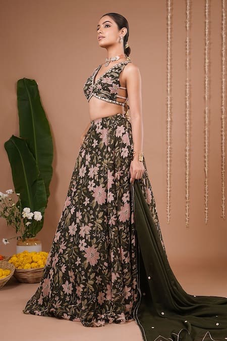 Ahi Clothing_Olive Green Organza Embroidery, Mirrors, Sequins Floral Pattern Lehenga Set _at_Aza_Fashions