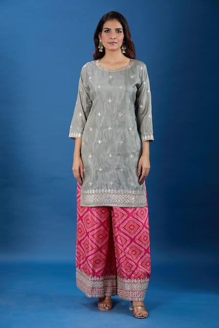 Samyukta Singhania_Gray Chinon Embroidery, Metallic Thread, Sequins Round Butti Pattern Kurta Set _Online_at_Aza_Fashions