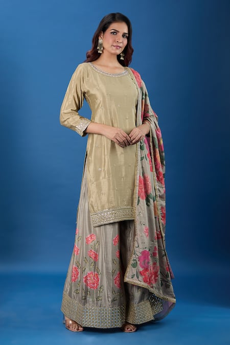 Buy_Samyukta Singhania_Brown Chinon Embroidery, Sequins, Mirrors Round Neck Butti Pattern Kurta Set _Online_at_Aza_Fashions