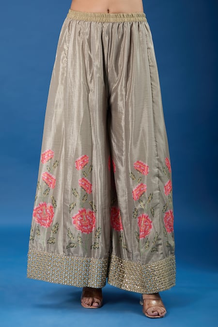 Shop_Samyukta Singhania_Brown Chinon Embroidery, Sequins, Mirrors Round Neck Butti Pattern Kurta Set _Online_at_Aza_Fashions