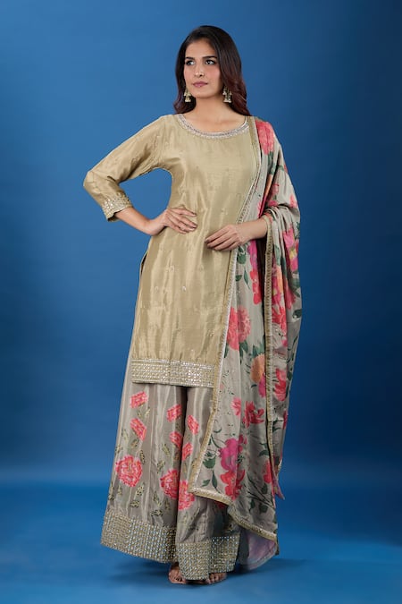 Samyukta Singhania_Brown Chinon Embroidery, Sequins, Mirrors Round Neck Butti Pattern Kurta Set _at_Aza_Fashions