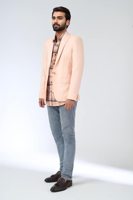 Buy Khwaab By Sanjana Lakhani Pink Polyester Studs Shawl Collar Blazer Online at Aza Fashions Buy_Khwaab By Sanjana Lakhani_Pink Polyester Studs Shawl Collar Blazer _Online_at_Aza_Fashions