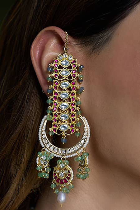 Joules By Radhika_Multi Color Stones, Pearls, Beads Royal Kundan Meenakari Bridal Ear Cuffs _Online_at_Aza_Fashions