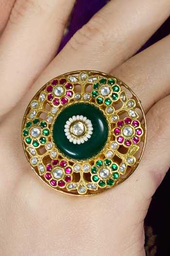 Joules by Radhika_Multi Color Stones, Pearls Emerald Royal Meenakari Ring _Online_at_Aza_Fashions